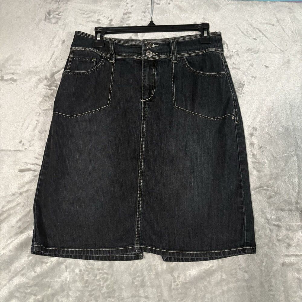 VTG Baccini Black Denim Midi Skirt Size 8 Contrast Stitch Utility Grunge Y2K